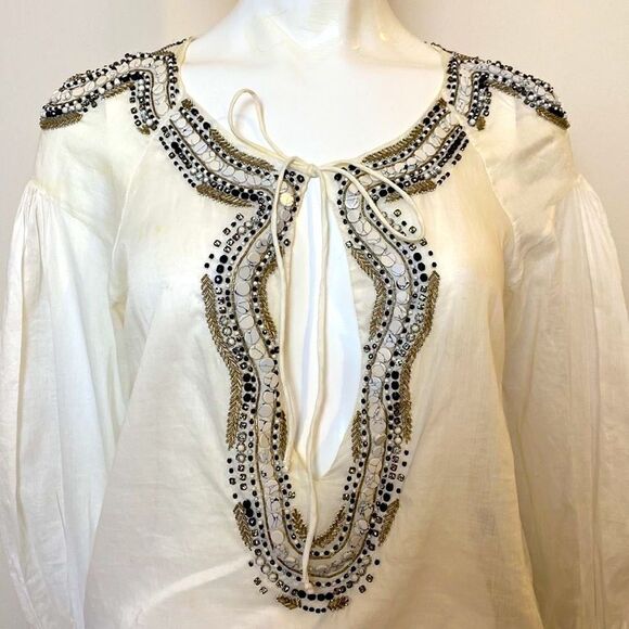 Roberto Cavalli Boho Peasant Blouse with Beading and Tie Front Size 40… - Picture 2 of 9